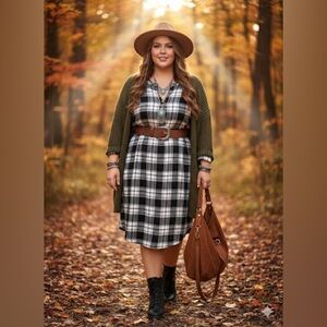 LANE BRYANT Flannel Plaid Shirtdress Black White Tie Waist Plus Size 22